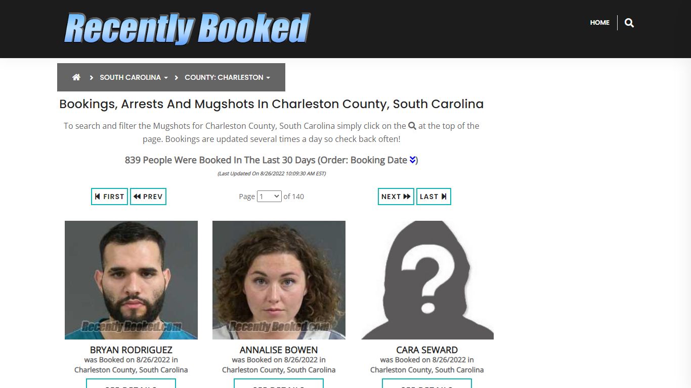 Bookings, Arrests and Mugshots in Charleston County, South Carolina